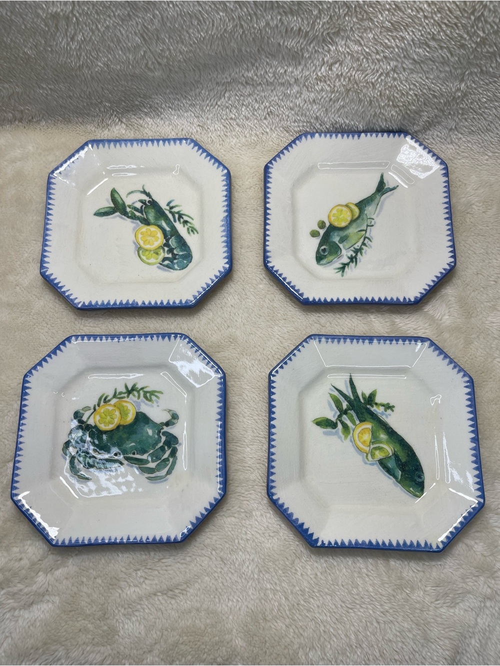 Williams-Sonoma Coastal Ceramic Fish Tapas Plates with Blue Trim (Set of 4)